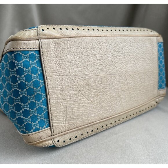 Céline Macadam Canvas Cream Leather Hand Bag Aquamarine Blue Purse - Picture 10 of 15